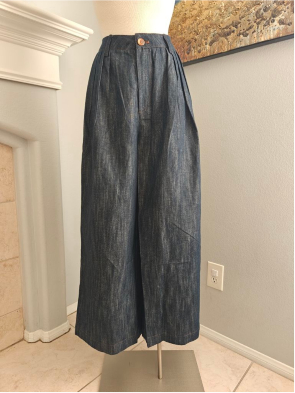 Women's THE WANG Blue Wide Leg Pants with Brown Stitching